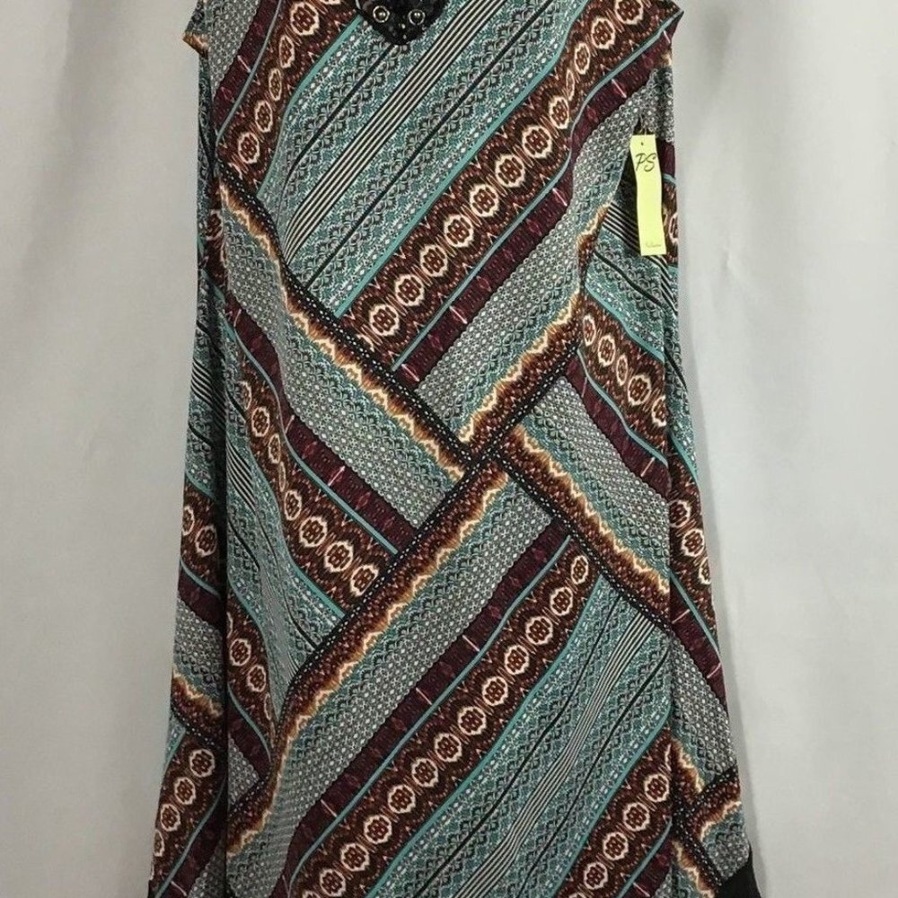 PRECEPTION WOMEN Sleeveless Beaded V-Neck Geometric Handkerchief Dress 1X NWT